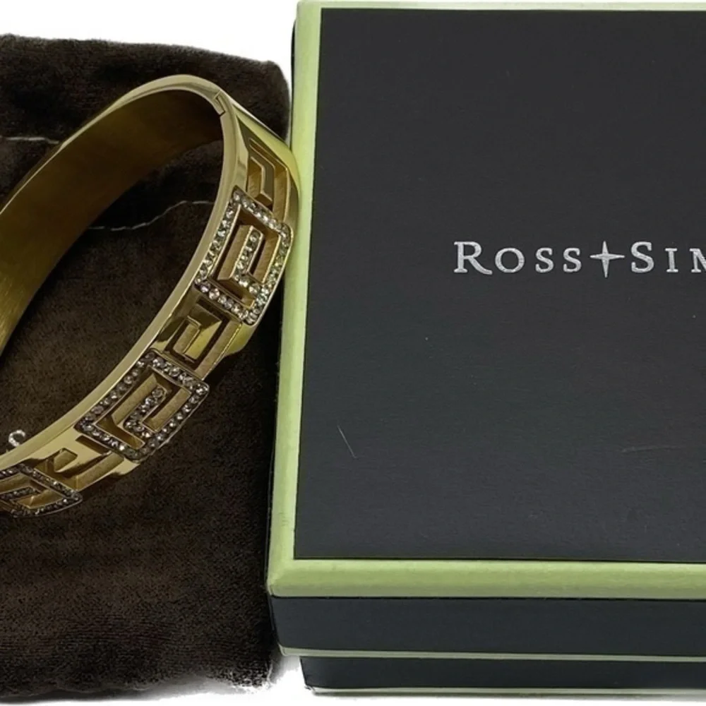 Ross+Simons Swarovski Greek Key Gold Stainless Steel Bangle NWB
